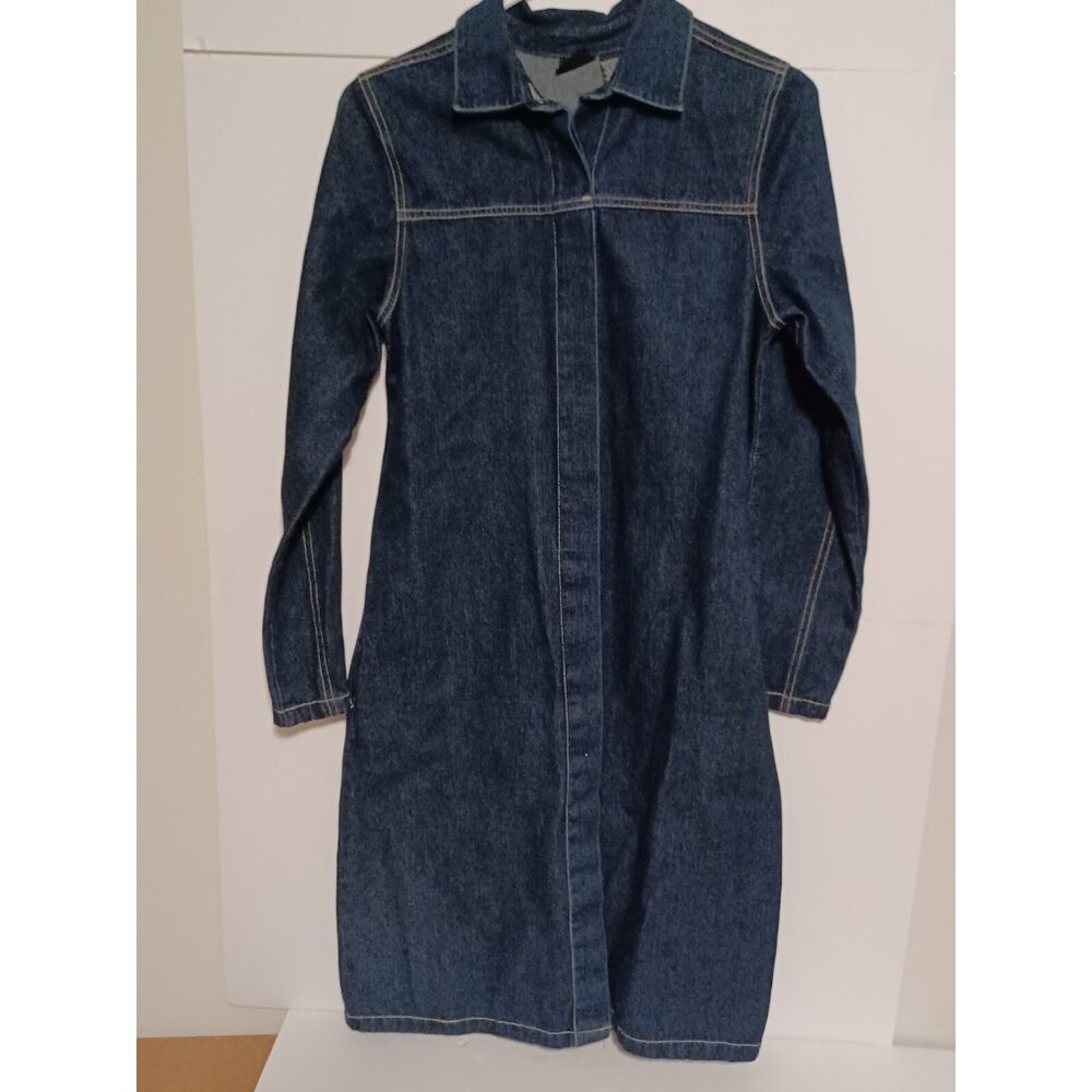 XHILARATION Size M Long Drk Blu Denim Jacket Dress Boho 100%Cotton Gently Used - Picture 1 of 5